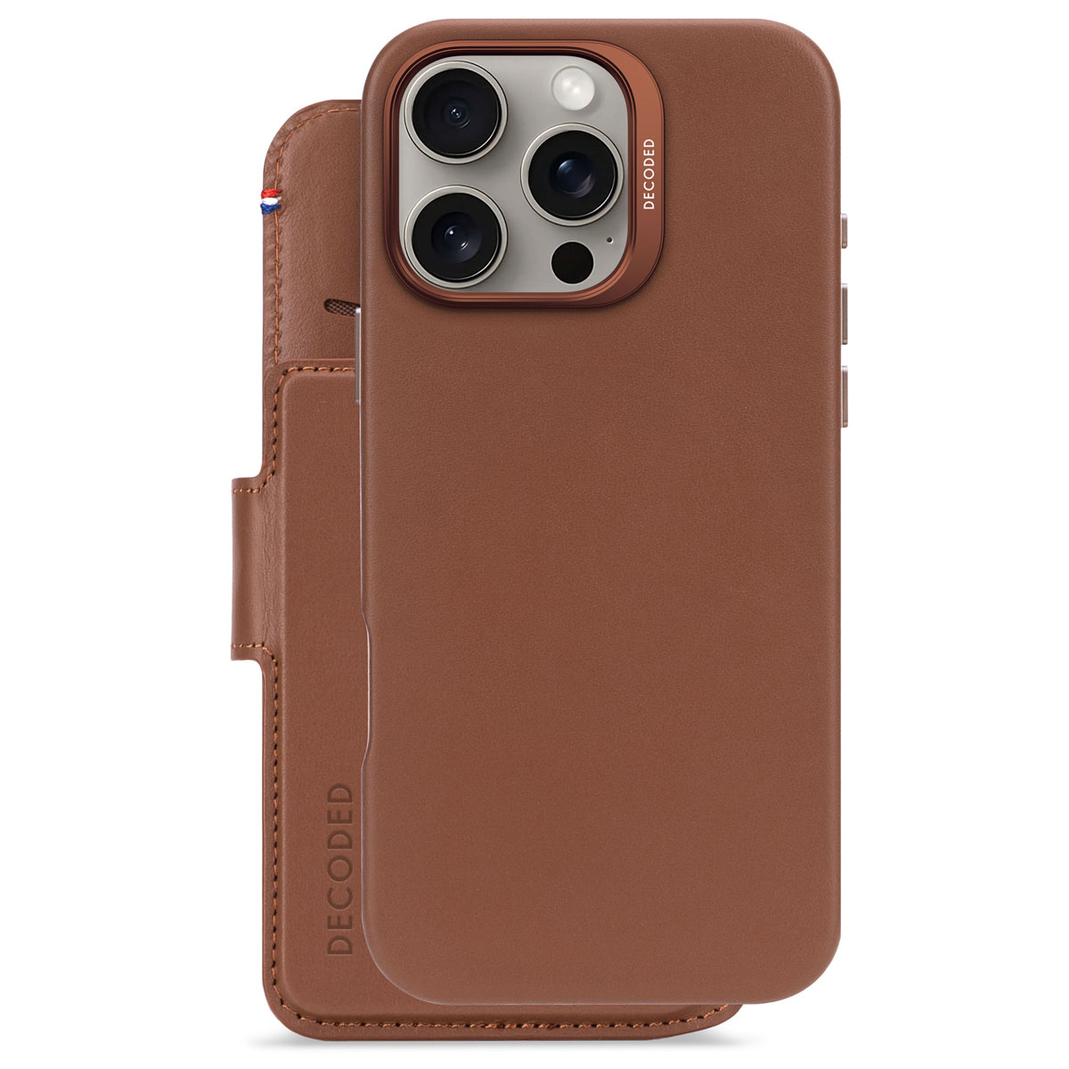 Bruine leren telefoonhoes met een open portemonnee-gedeelte, met een bruine hoes.