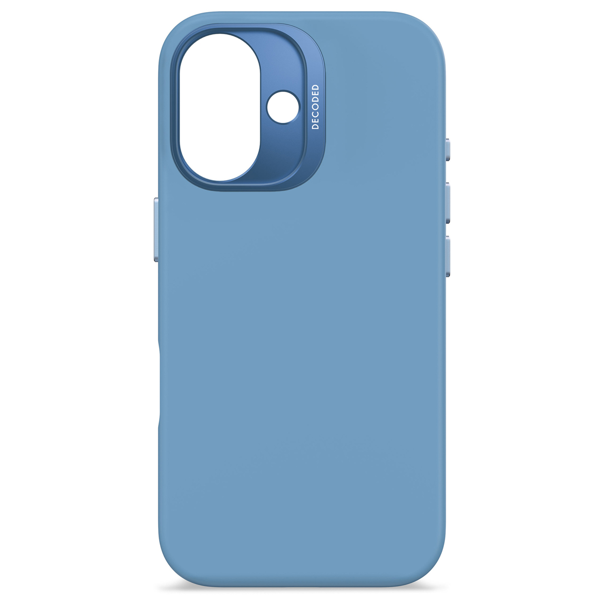 Een blauwe telefoonhoes met een cameraring. Het woord "DECODED" staat bovenaan gedrukt.