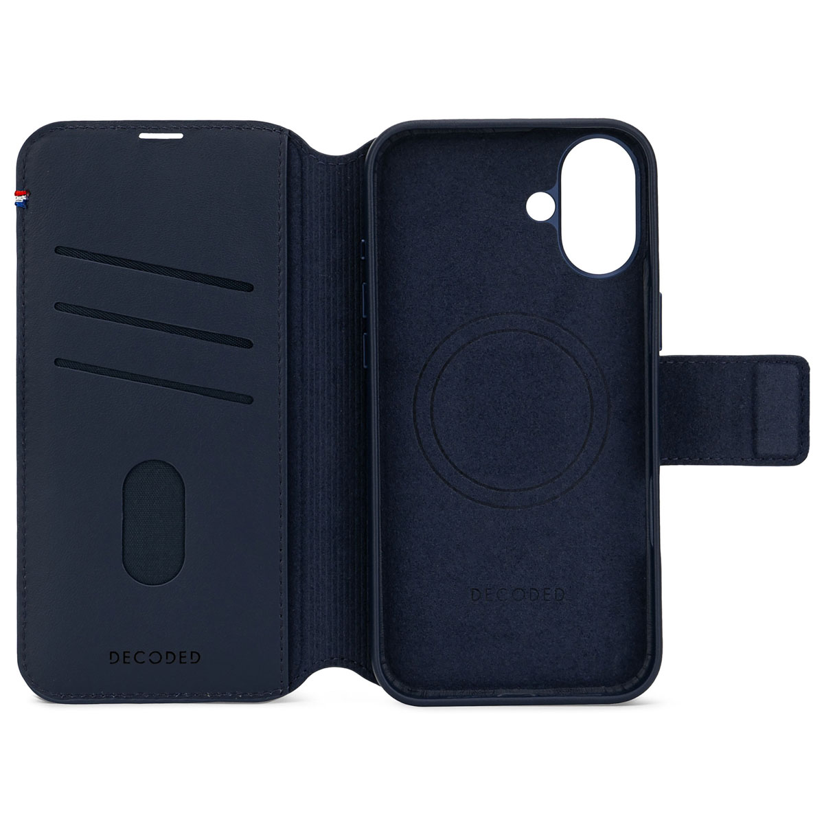 Étui de téléphone bleu, ouvert. Montre l'intérieur, avec des fentes pour cartes et le nom de la marque.