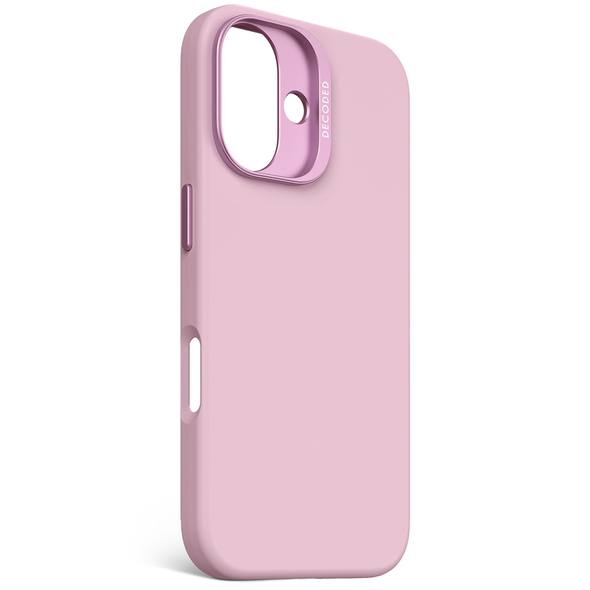 Roze telefoonhoesje. De camerarand is zilver, de merknaam is zichtbaar op de hoes.