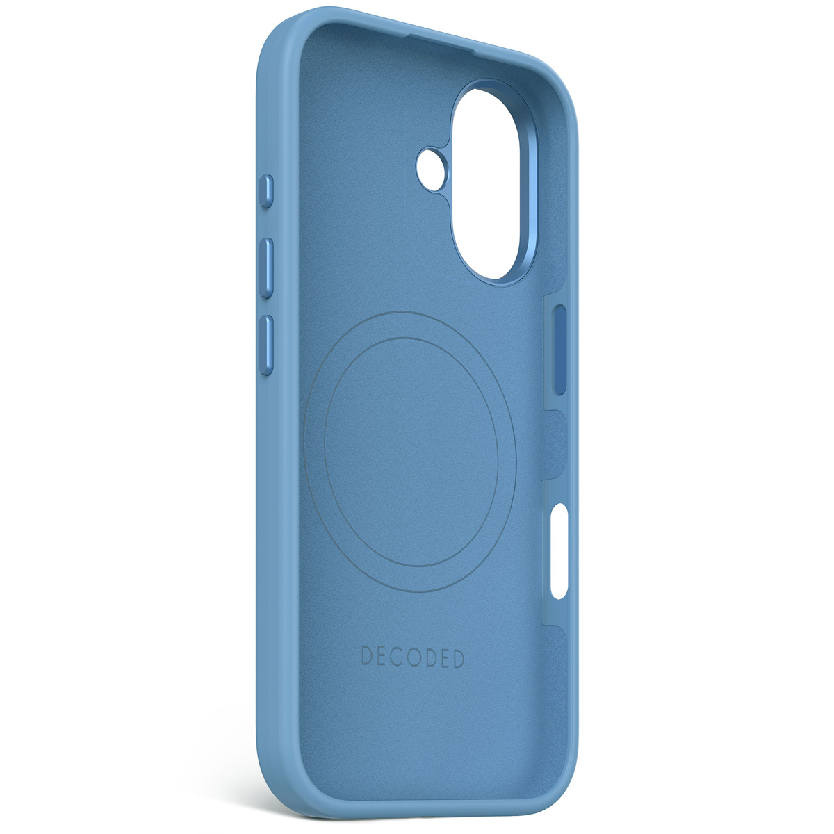 Een lichtblauwe telefoonhoes met een cirkelvormig magnetisch gebied en het woord 'DECODED'.