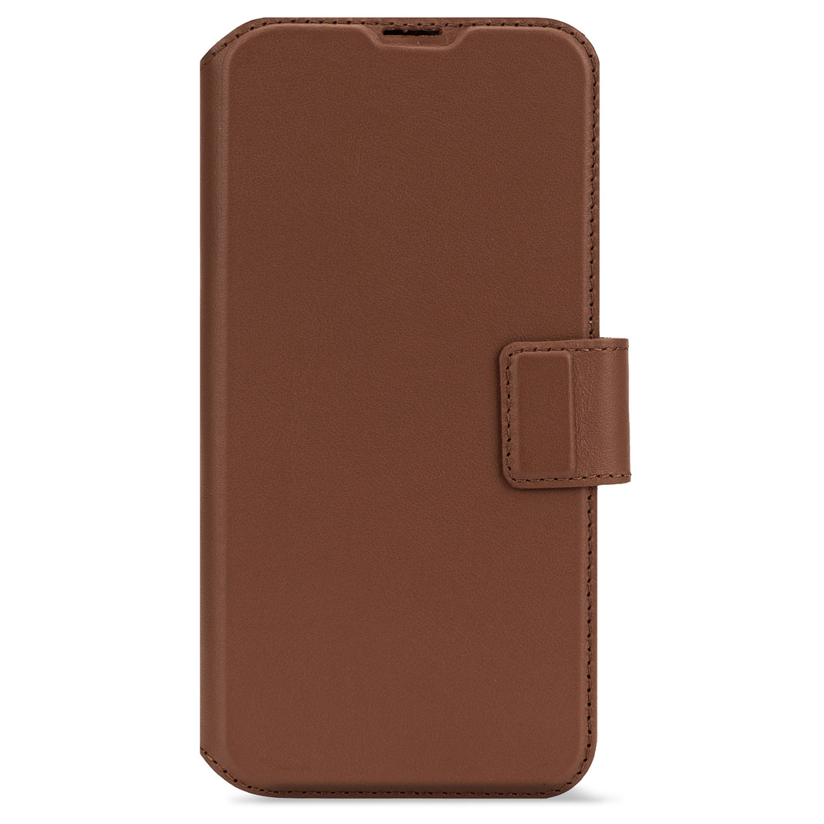 Bruine leren telefoonhoes, gesloten, met magnetische sluiting.
