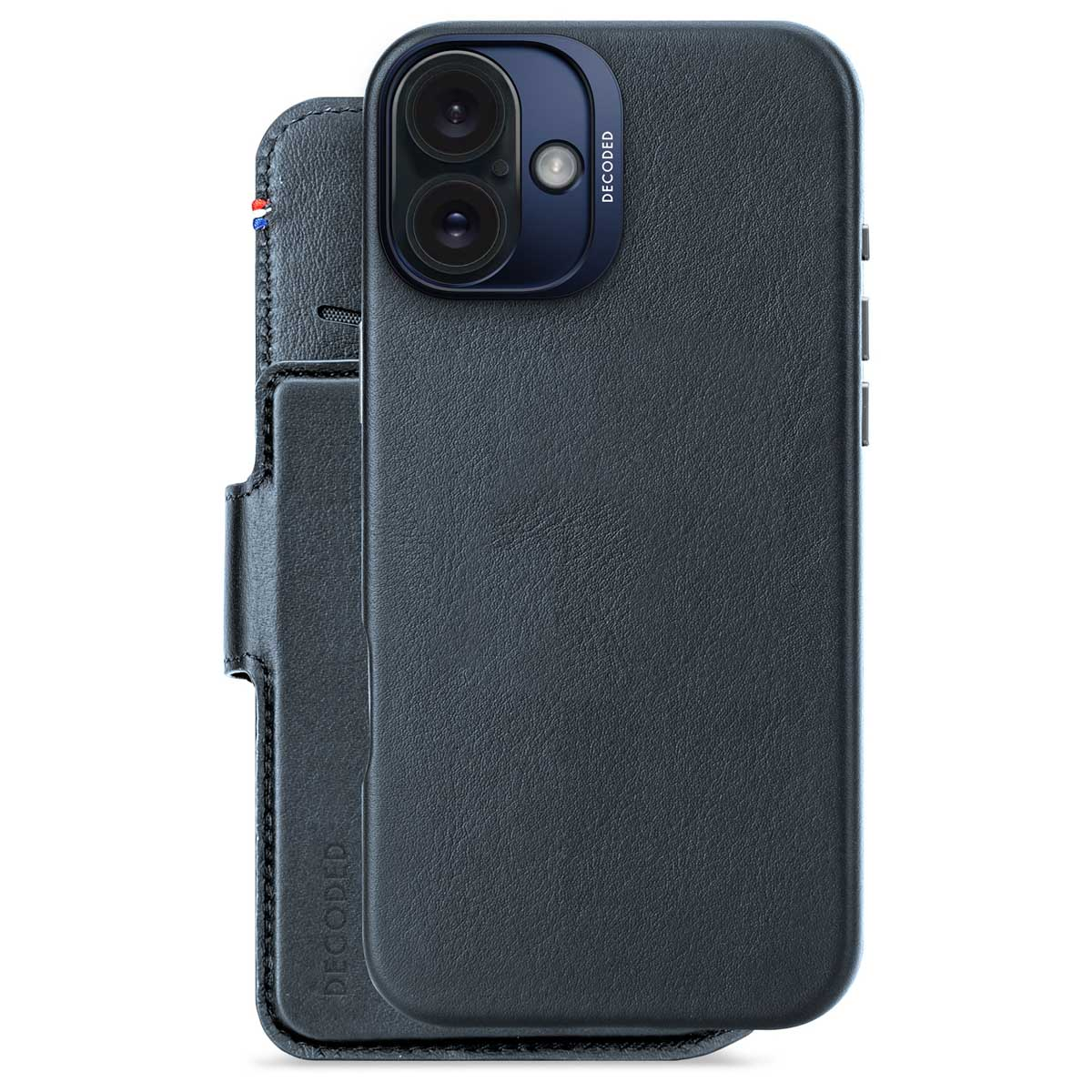 Coque iPhone bleu foncé avec rabat portefeuille et téléphone dedans.