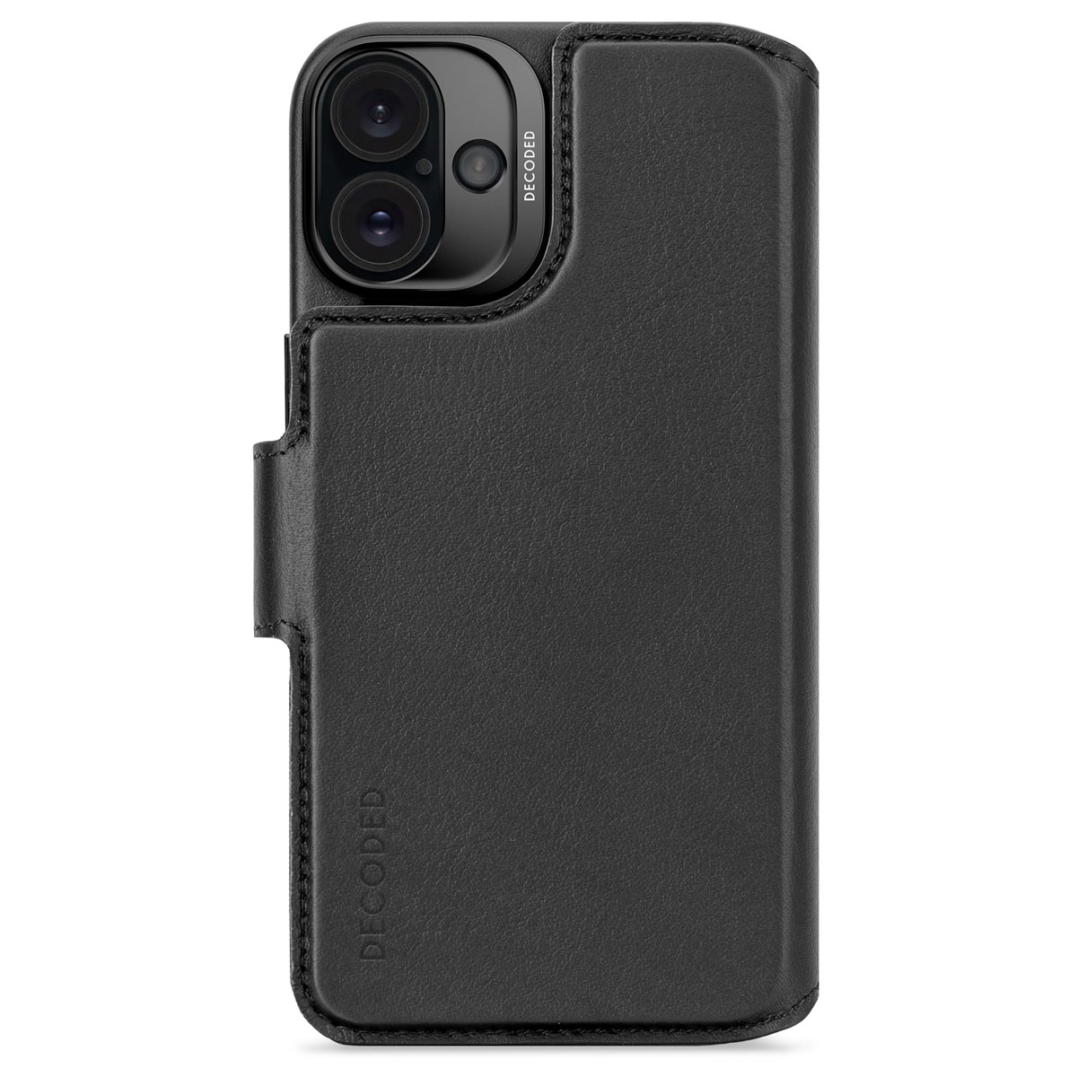 Coque noire pour iPhone avec protubérance pour l'appareil photo et rabat portefeuille. La marque 'DECODED' est visible.