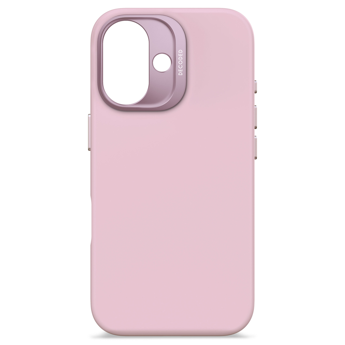 Roze telefoonhoesje met uitsparing voor cameralens en knoppen. 'DECODED' staat op de bovenrand van de hoes.