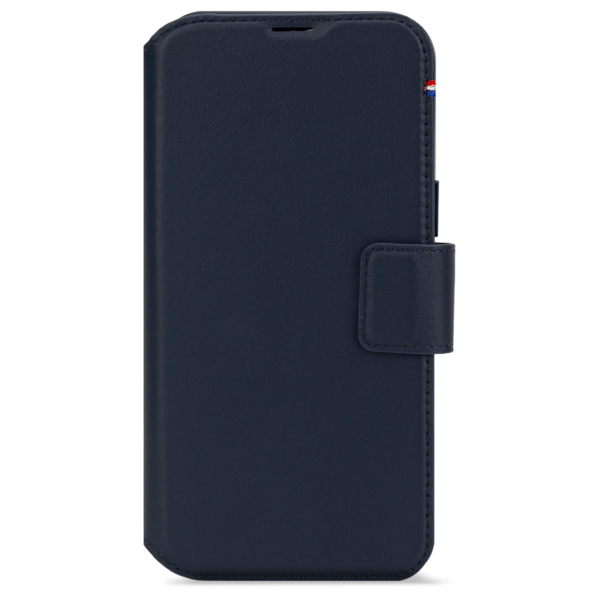 Étui de téléphone bleu marine avec fermoir magnétique.