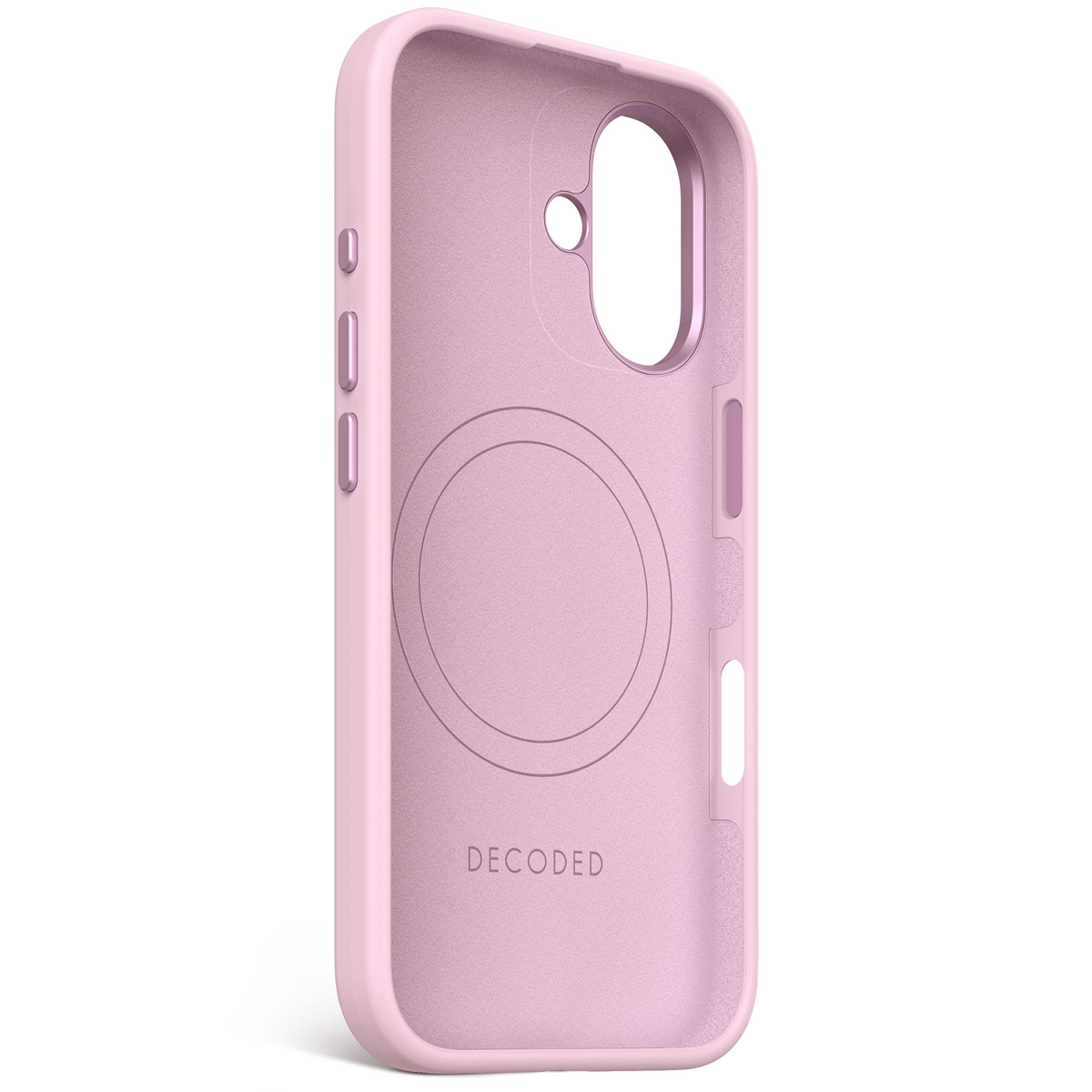 Roze telefoonhoesje binnenkant met een cirkelvormige magneet.
