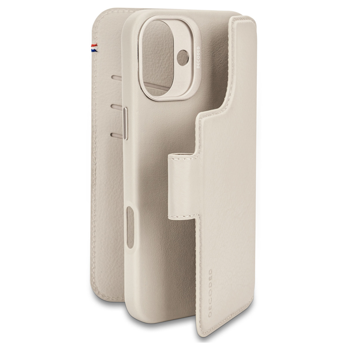Beige telefoonhoesje open, telefoon zichtbaar. Het woord DECODED is zichtbaar.