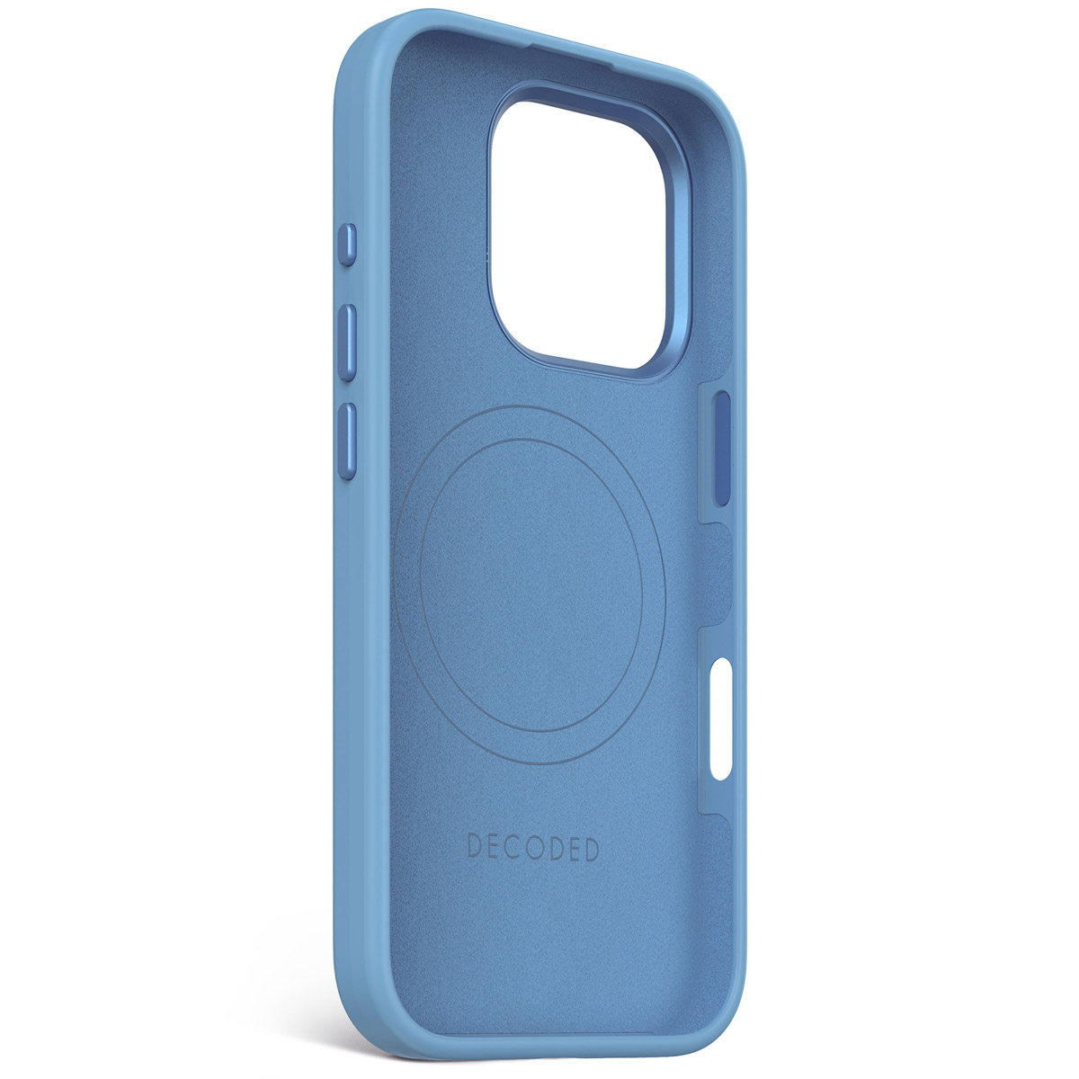 Een lichtblauwe telefoonhoes. De merknaam 'DECODED' is zichtbaar.