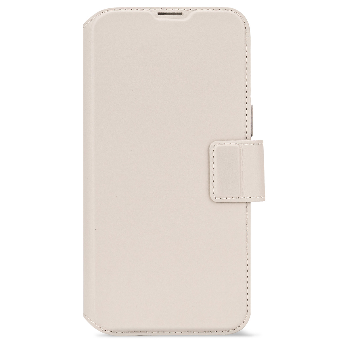 Een lichtbeige leren telefoonhoesje met een flap en stikseldetails.