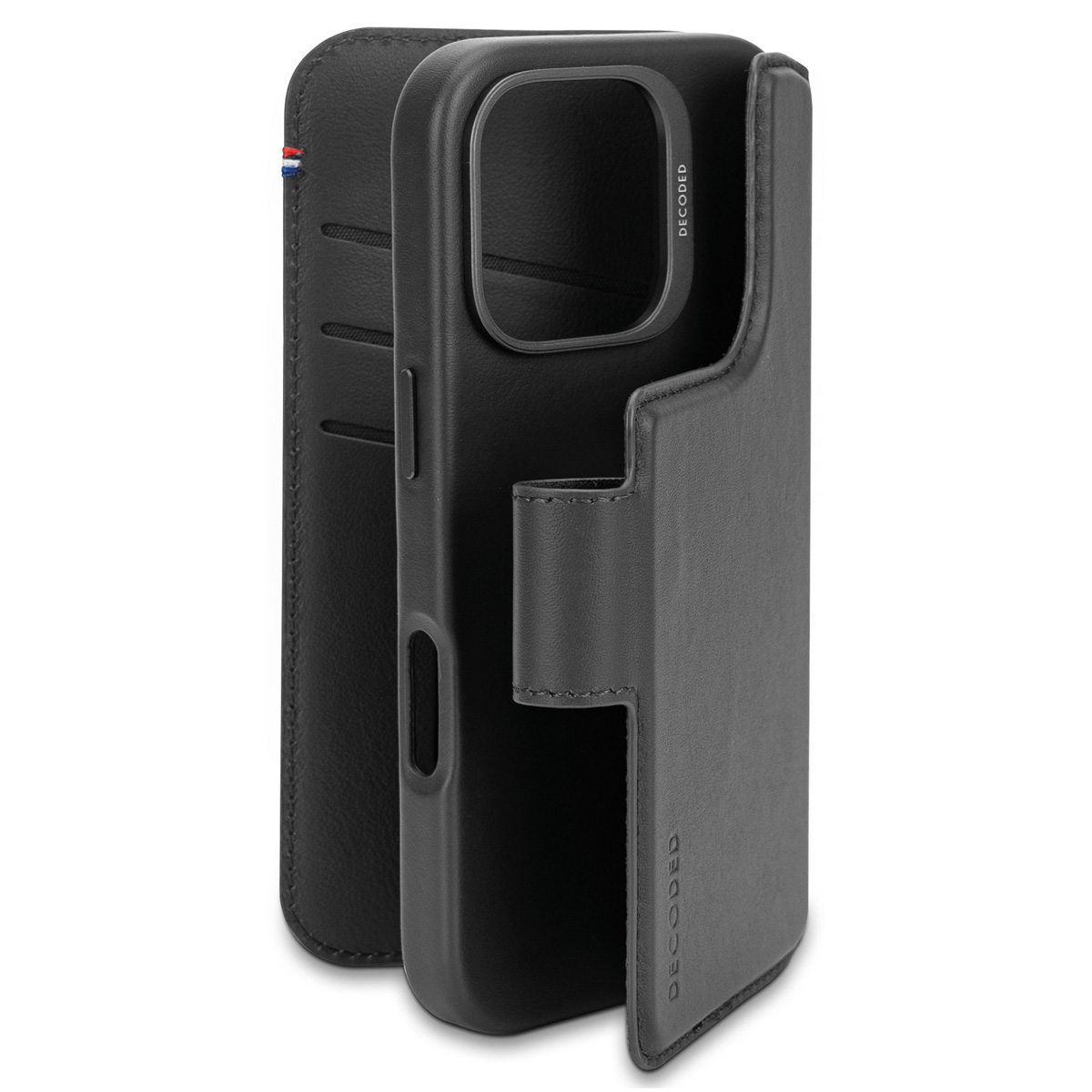 Een zwarte telefoonhoes met een open flap in portemonnee-stijl, met kaartsleuven.