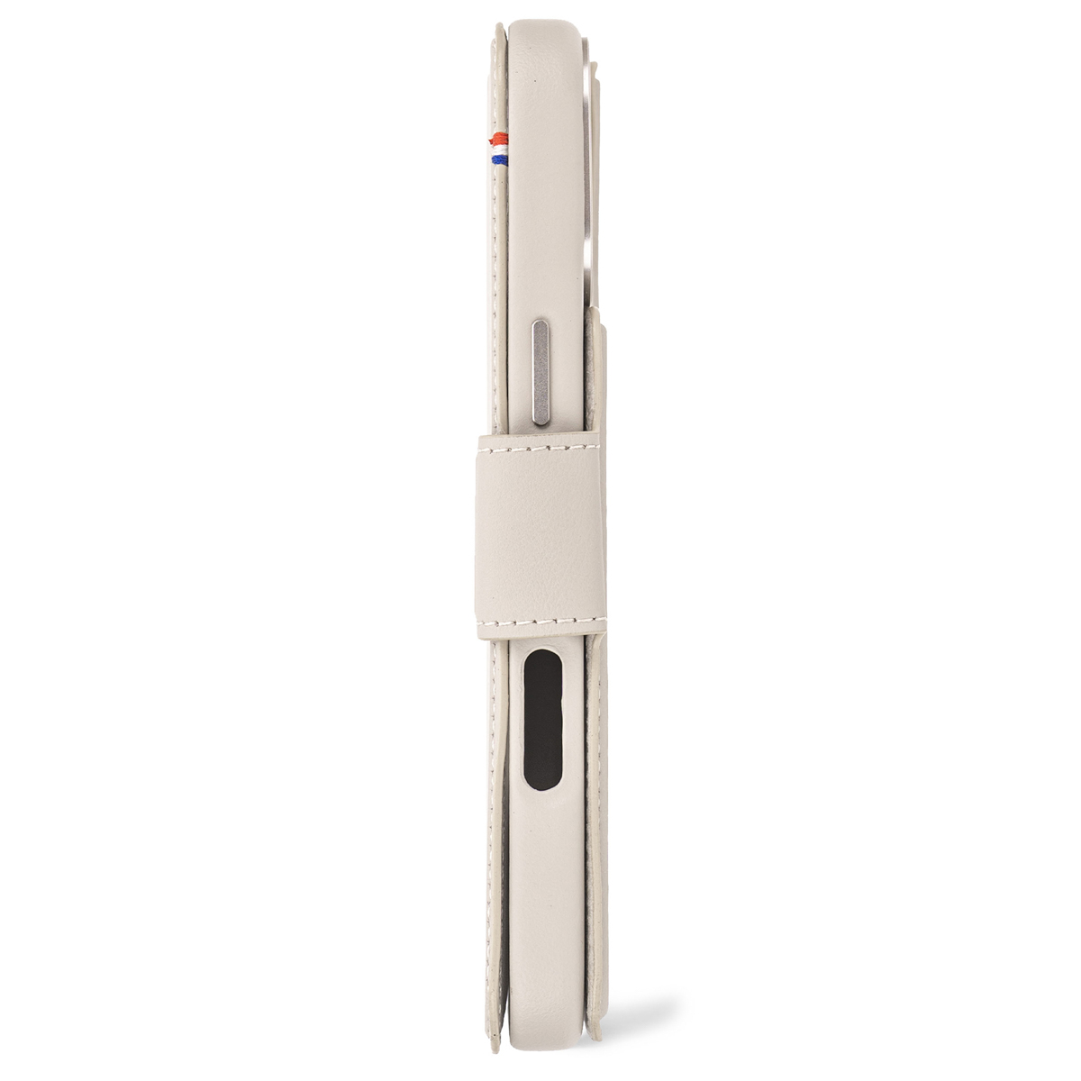 Gebroken witte telefoonhoes, met zijprofiel, een bandje en de telefoon binnenin.