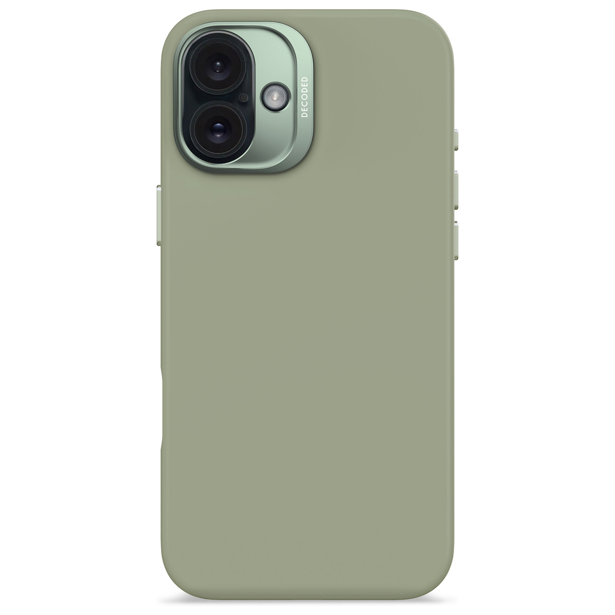 Een groene telefoonhoes met camera-uitsparingen en het woord 'DECODED' aan de zijkant.