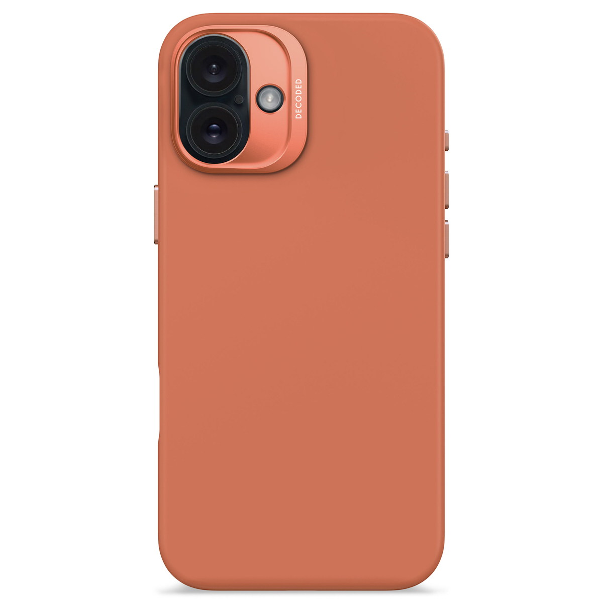 Extérieur de coque de téléphone orange, avec objectif et boutons.