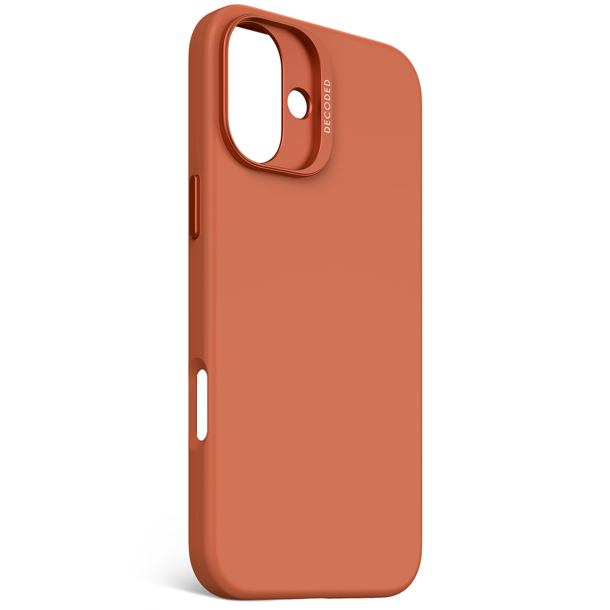 Coque de téléphone orange avec découpe pour objectif et boutons. 'DECODED' imprimé sur le bord supérieur.