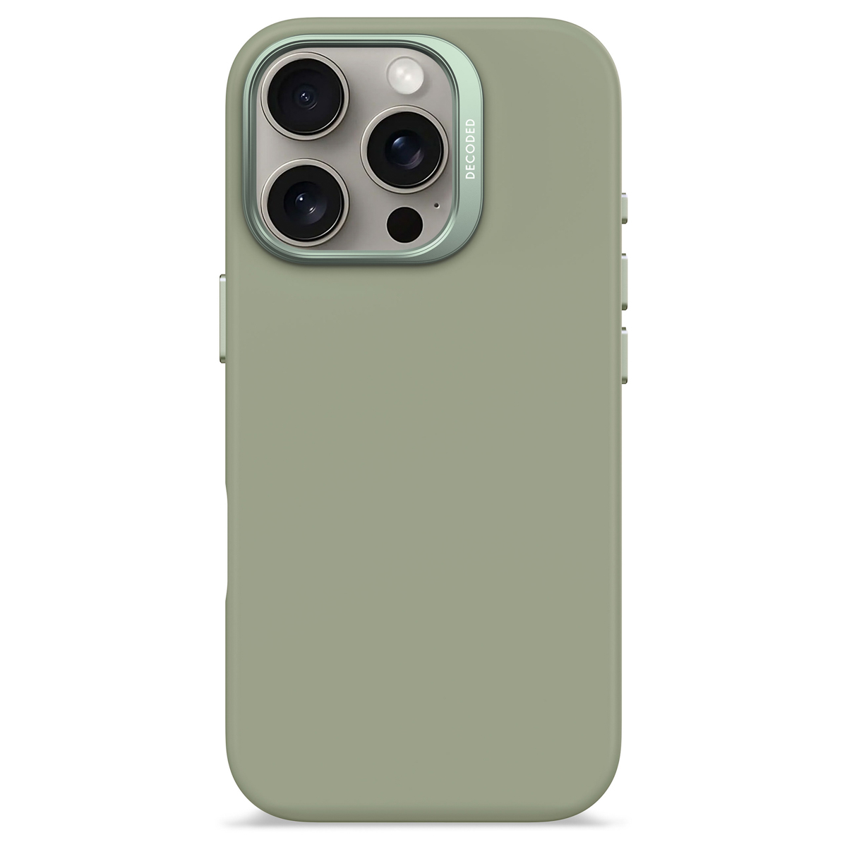 Een groene telefoonhoes met een cameramodule en volumeknoppen.