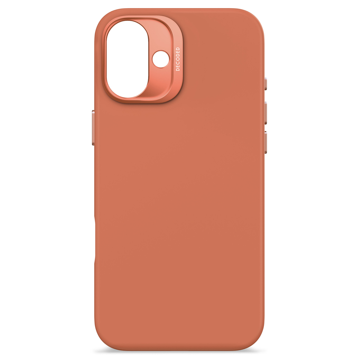 Coque de téléphone orange avec bosse caméra. 'DECODED' est écrit.