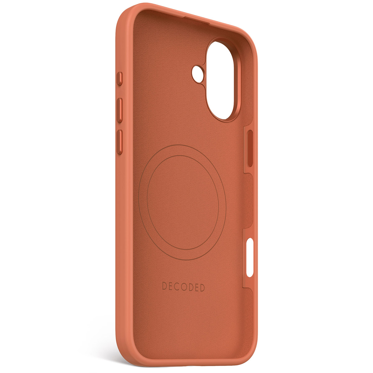 Coque de téléphone orange. L'étui comporte un cercle et le mot DECODED.