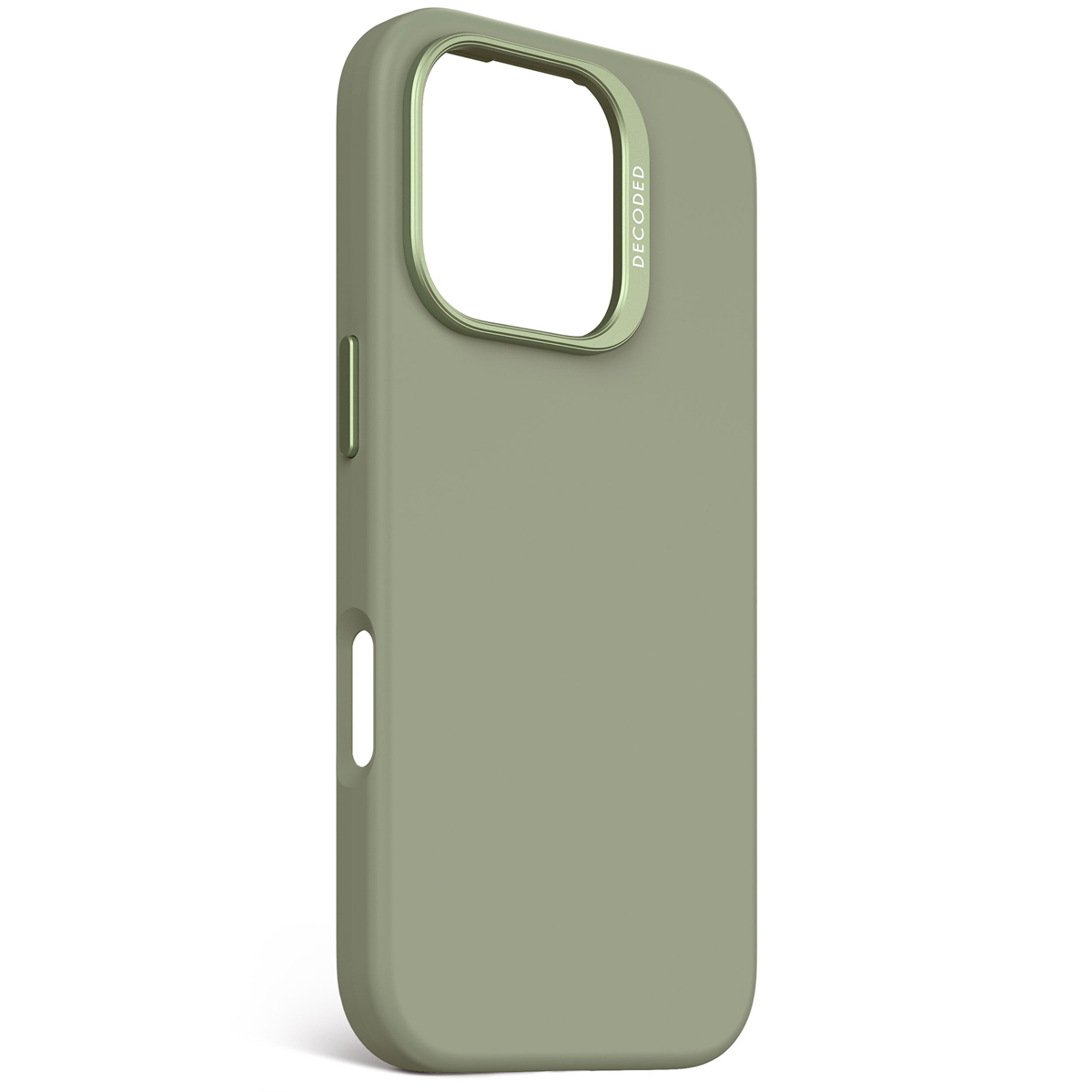 Olijfgroene telefoonhoes met een groene rand rond de camera.