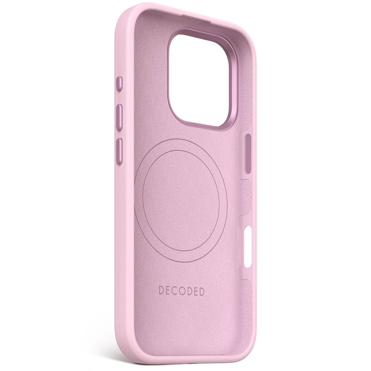 Roze telefoonhoesje met een cirkel en het woord DECODED.