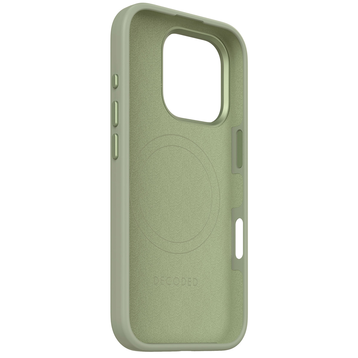 Groene telefoonhoes met uitsparing voor de camera en knoppen. De binnenkant heeft een cirkel.
