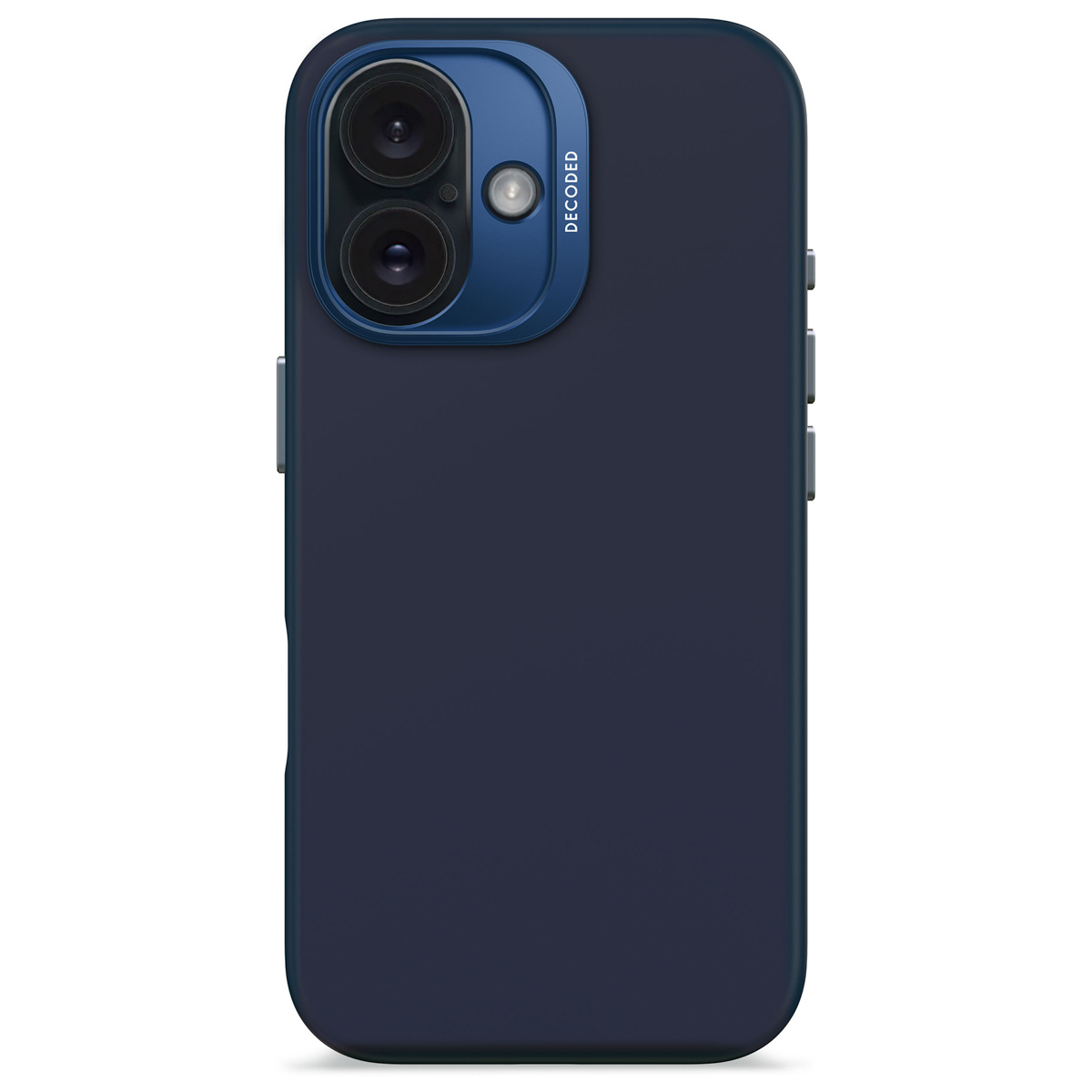 Marineblauwe telefoonhoes met lensbescherming. De hoes staat op een witte achtergrond.