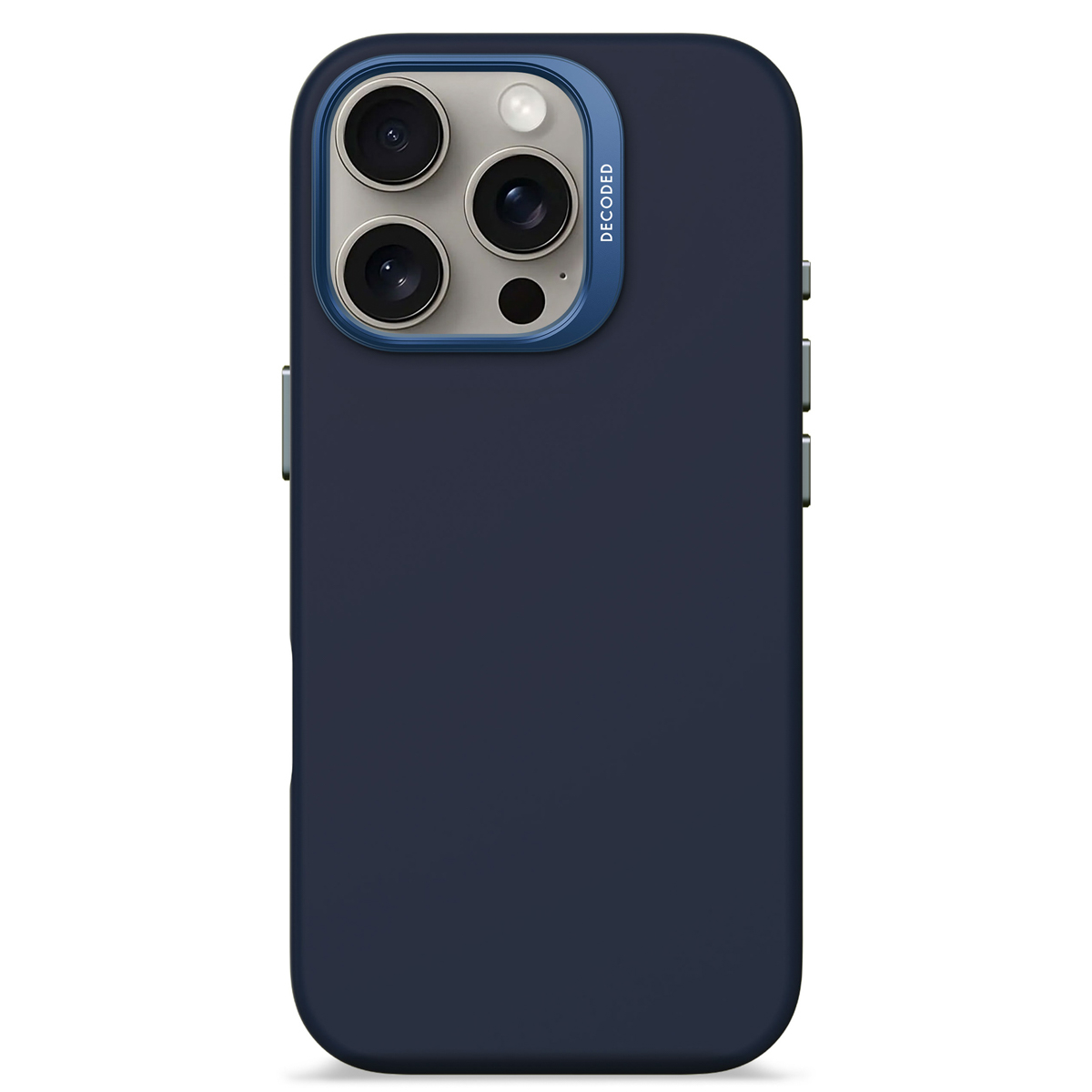 Donkerblauwe telefoonhoes, met cameralenzen en knoppen.