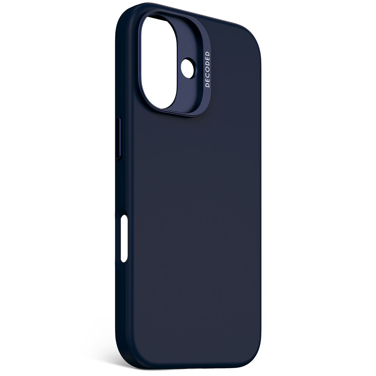 Donkerblauwe telefoonhoes met een camerarand en het woord 'DECODED'.