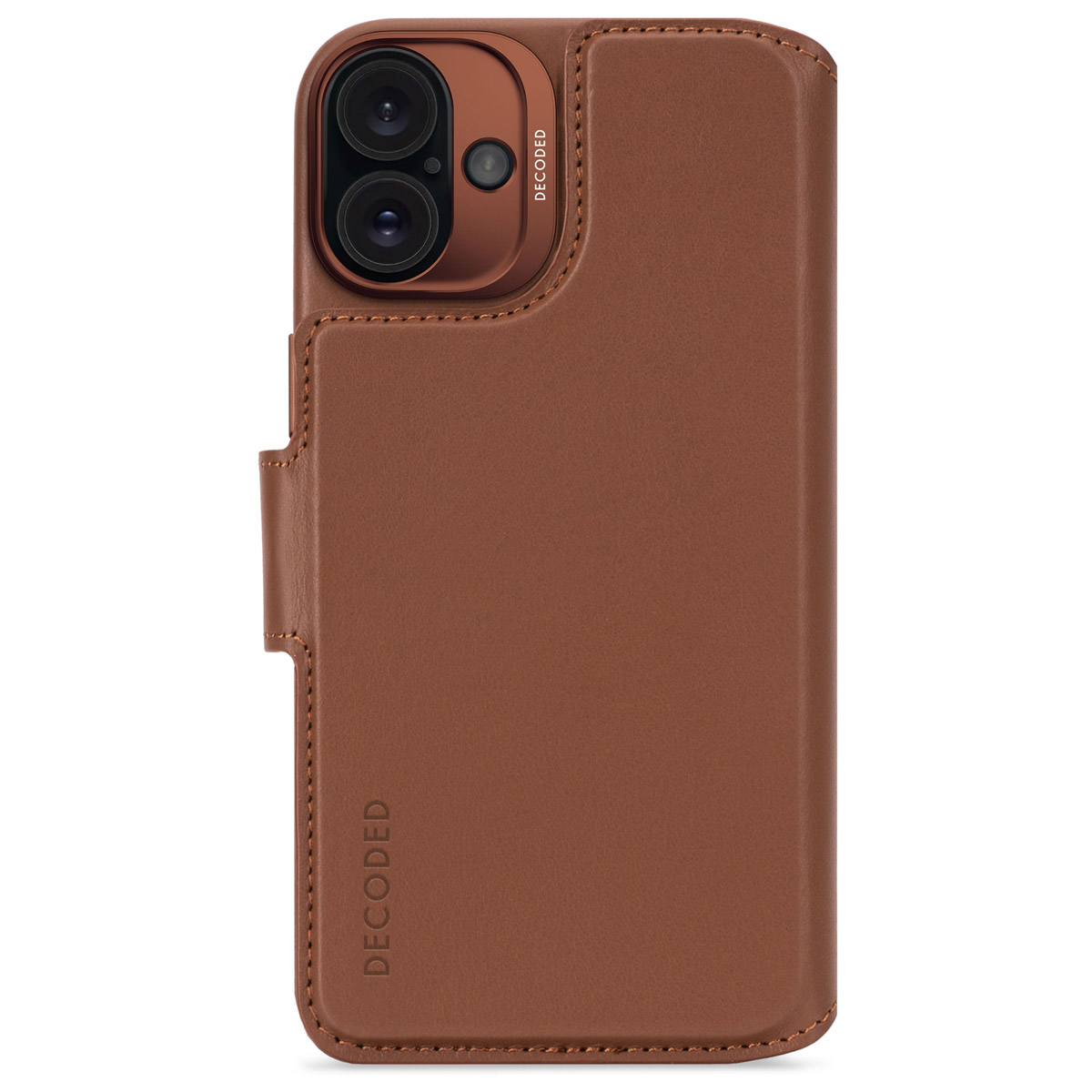 Étui de téléphone en cuir marron avec caméras et marque "DECODED".