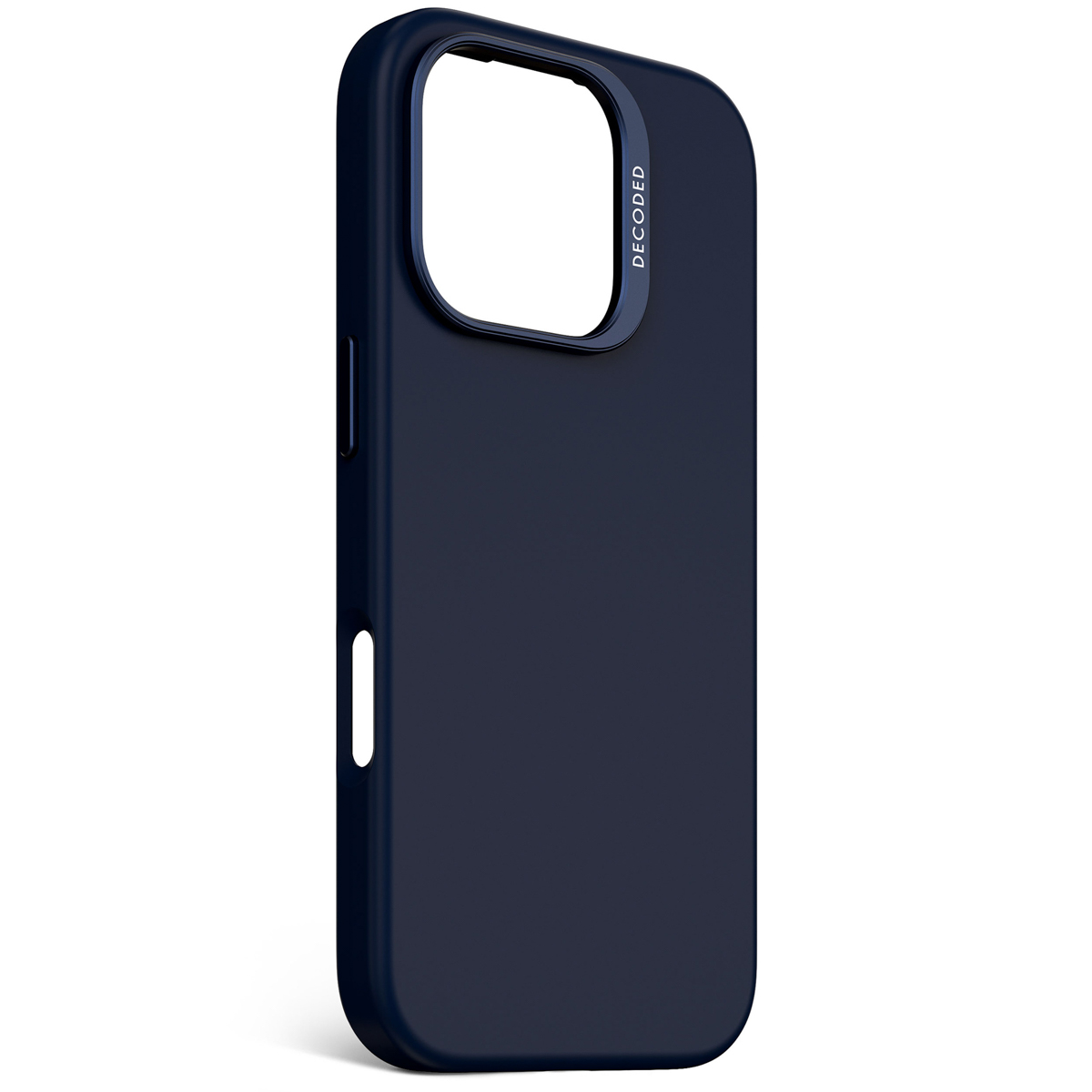 Donkerblauwe telefoonhoes met uitsparing voor cameralens en knoppen. 'DECODED' staat op de bovenrand.