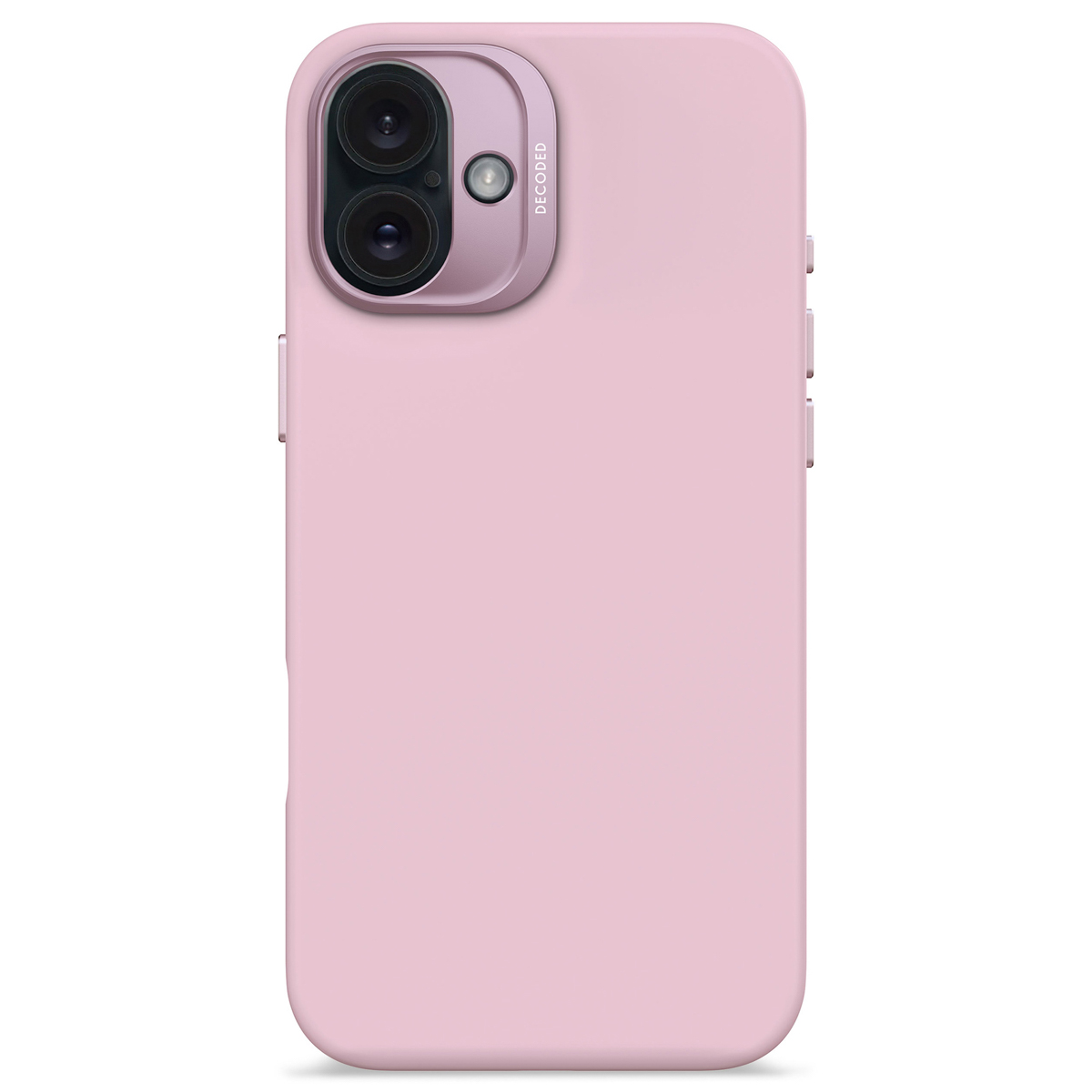 Coque de téléphone rose. L'étui comporte deux lentilles et le mot DECODED.