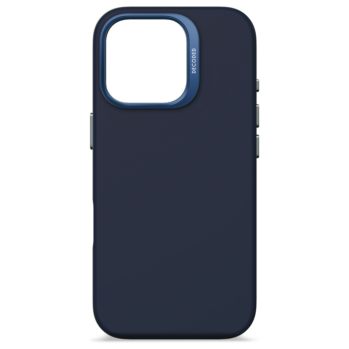 Een marineblauwe telefoonhoes met een blauwe rand rond de camera-opening.