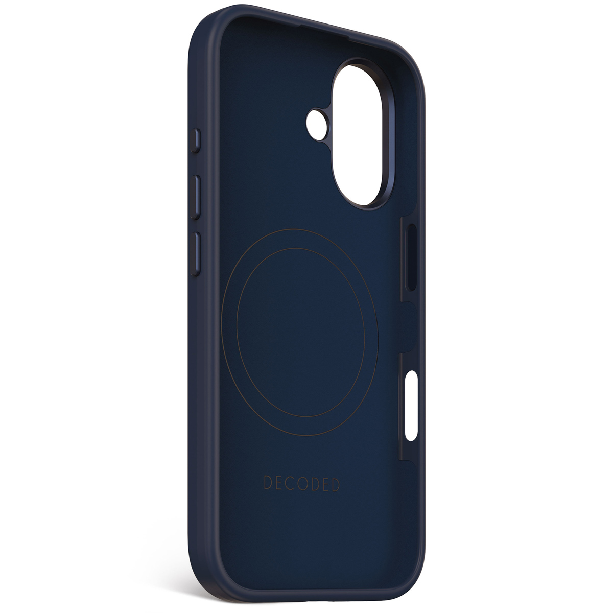 Een marineblauwe telefoonhoes. Merknaam 'DECODED' is zichtbaar.