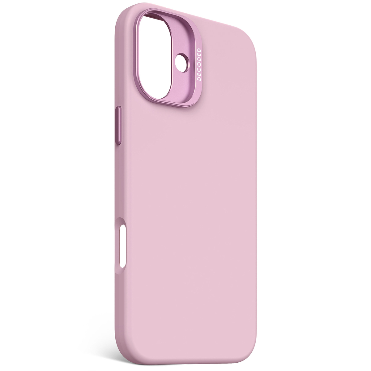 Coque de téléphone rose. L'anneau de l'appareil photo est argenté, la marque est visible sur la coque.
