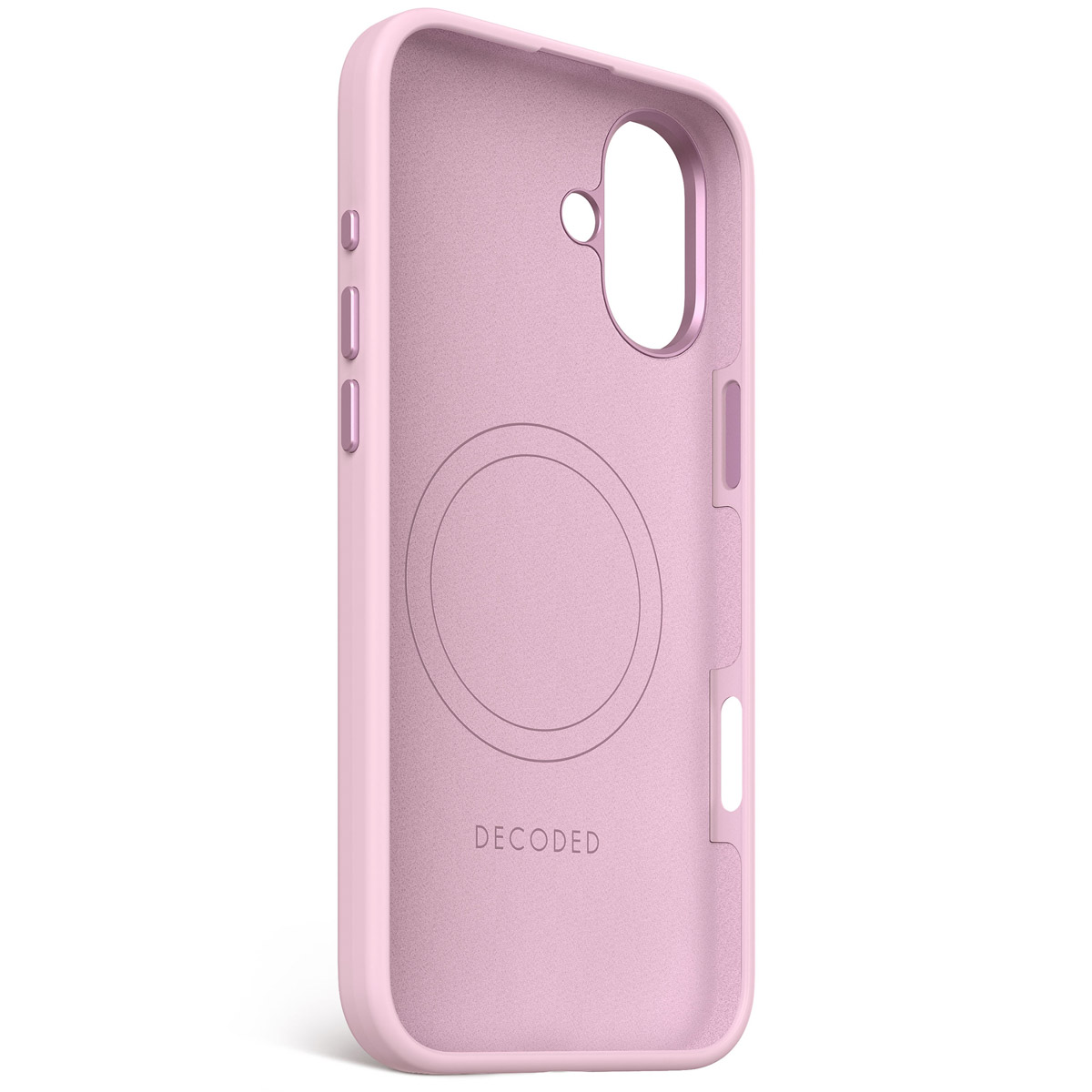 Intérieur de coque de téléphone rose avec un cercle, le mot DECODED.