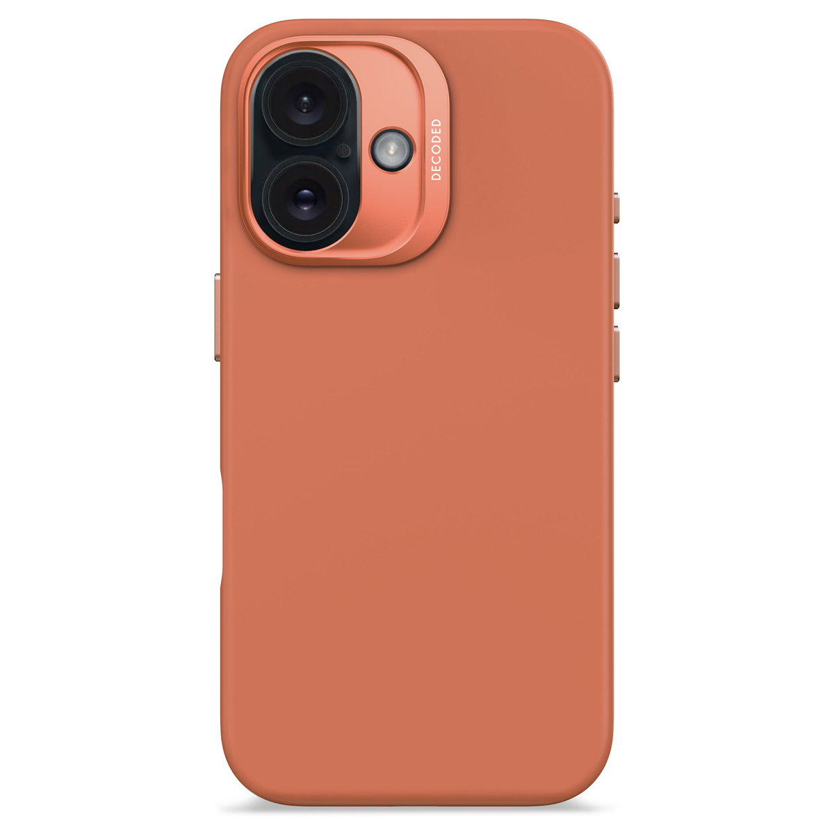 Terracotta telefoonhoes. Zijaanzicht, de hoes heeft een opening voor de cameralens en het woord 'DECODED'.