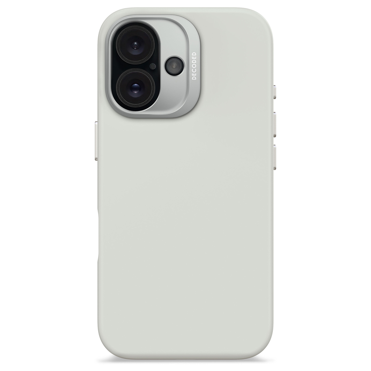 Grijze telefoonhoes met camera en het woord DECODED.