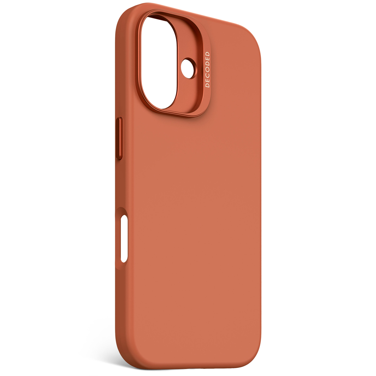 Een oranje telefoonhoes met de merknaam 'DECODED'.