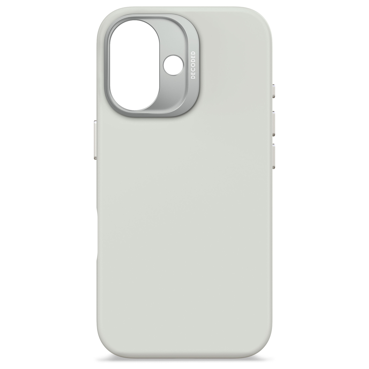 Witte telefoonhoes met zilveren camera-uitsparing en knoppen. Het merk is Decoded.