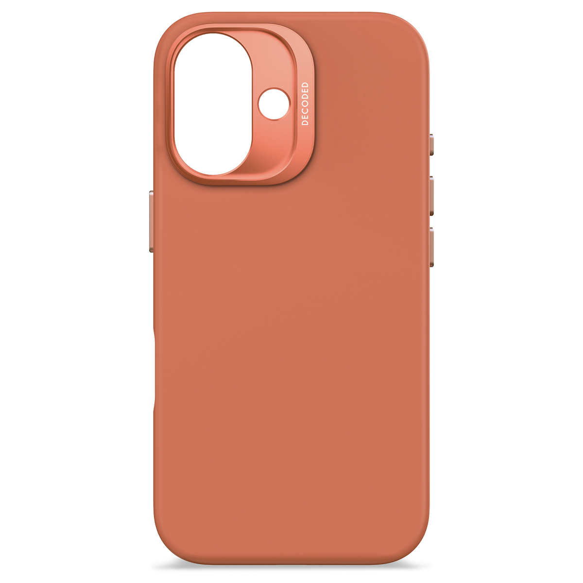Oranje telefoonhoes met een camerarand en het woord 'DECODED'.