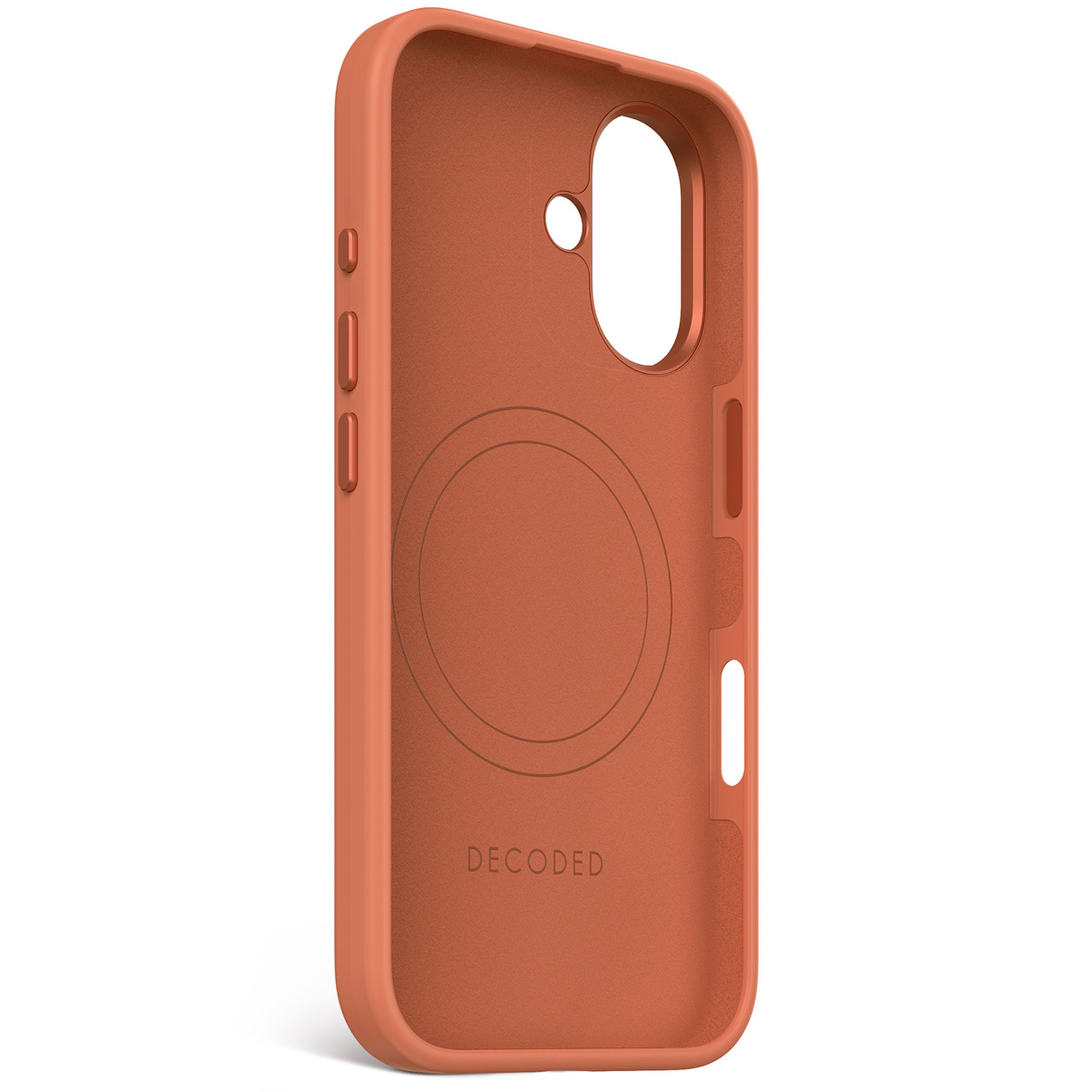 Oranje telefoonhoesje binnenkant, met een cirkelvormige magneet.