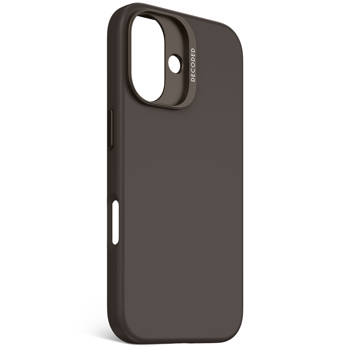Bruin telefoonhoesje met uitsparing voor cameralens en knoppen. 'DECODED' staat op de bovenrand van de hoes.