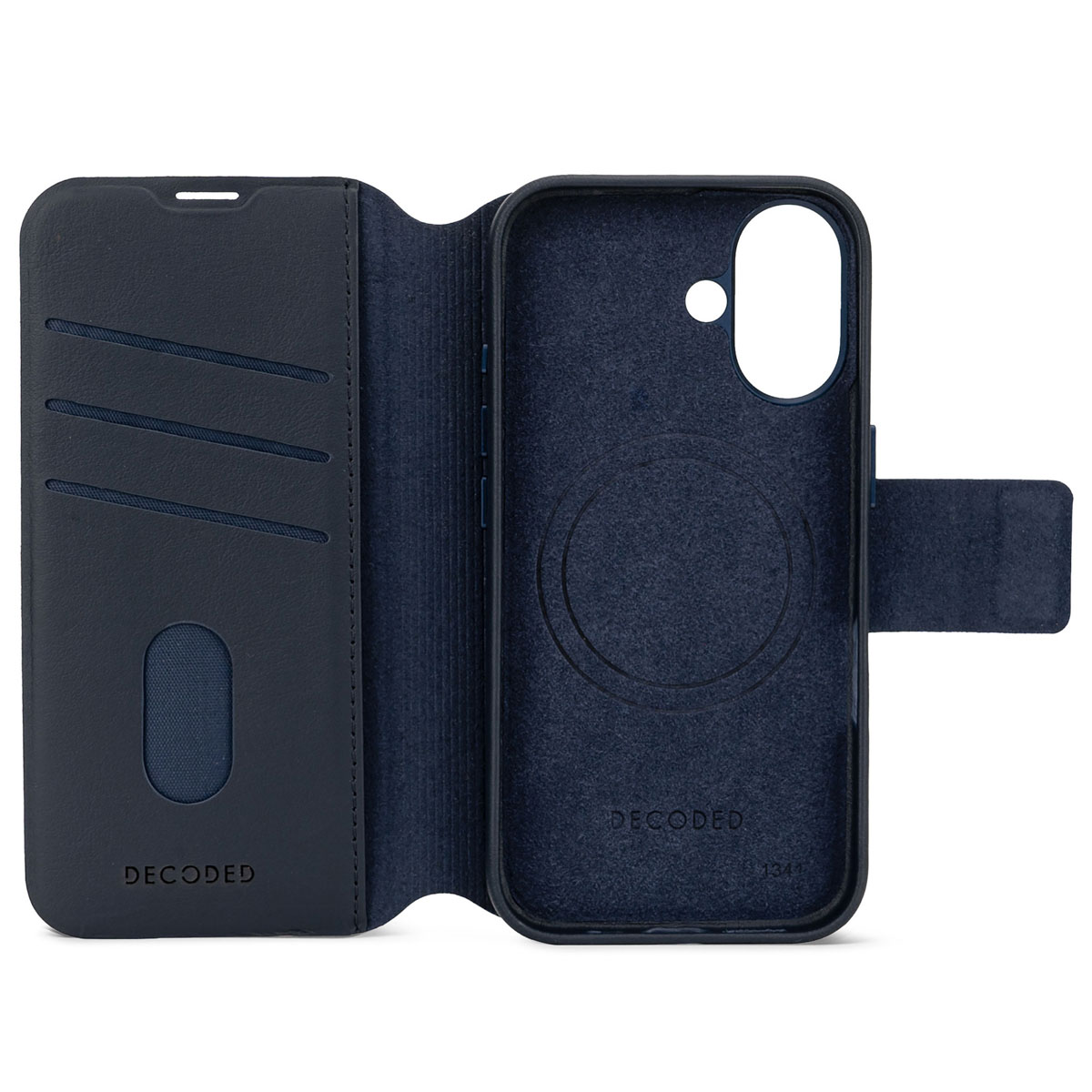 Open donkerblauw leren telefoonhoesje, met de telefoon erin met een magnetische cirkel.