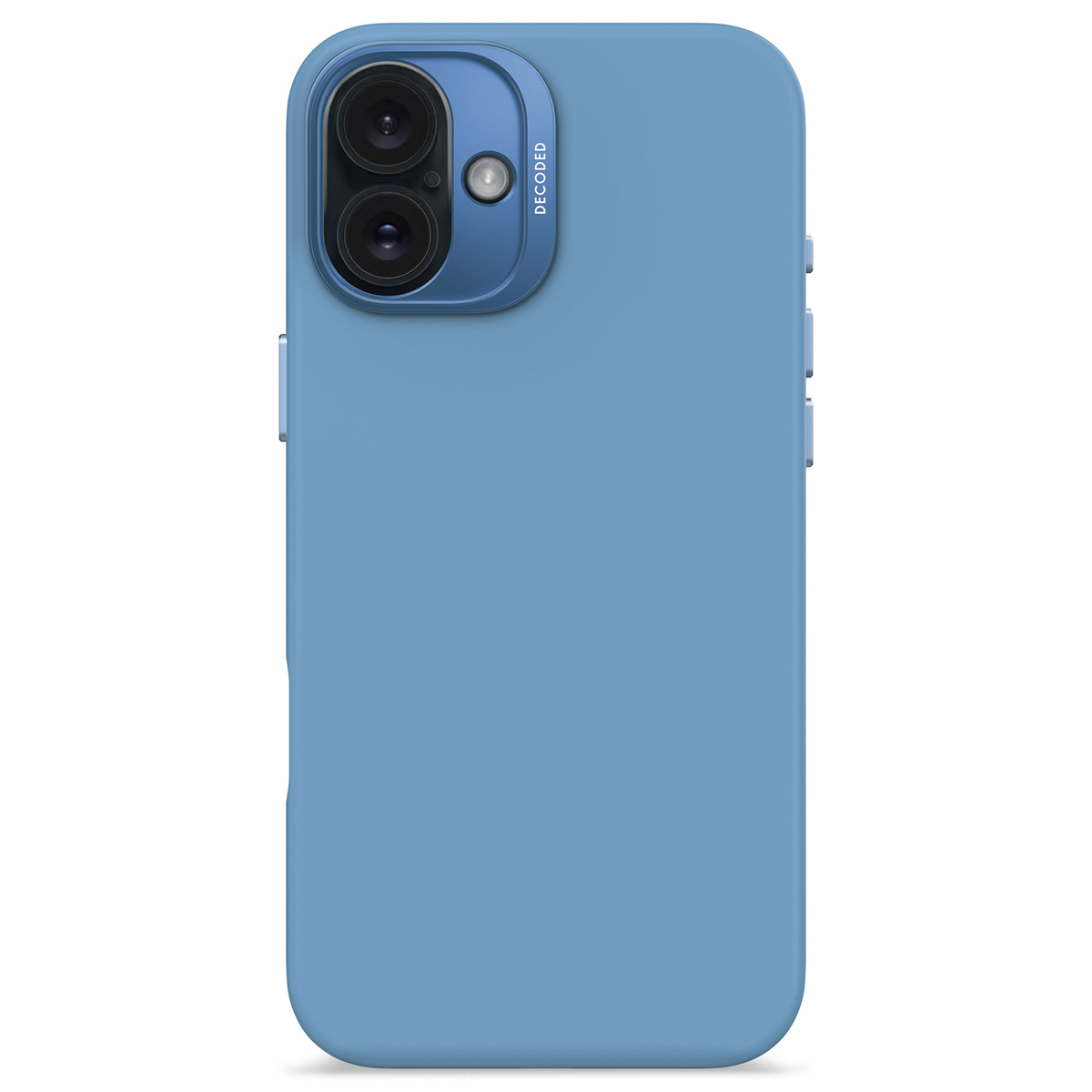 Coque de téléphone bleue avec bosse caméra. 'DECODED' est écrit.
