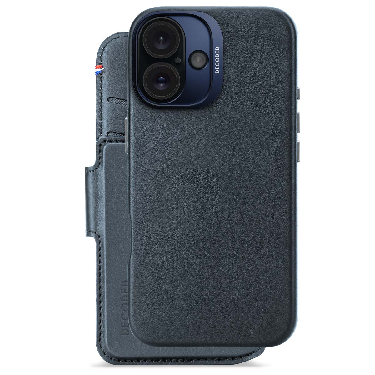 Een donkerblauwe telefoonhoes met een camera-uitsparing en een klep in portemonnee-stijl.