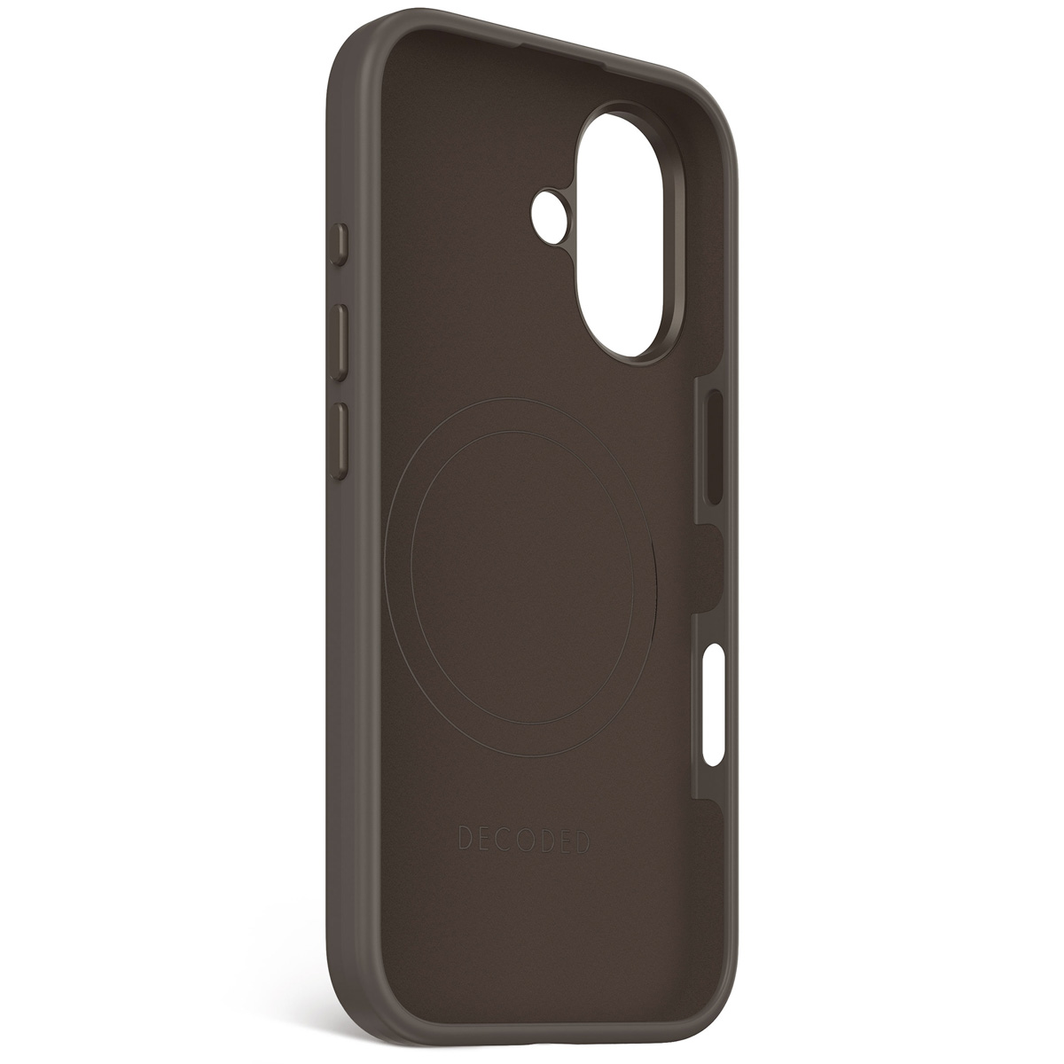 Bruine iPhone-hoes, binnenaanzicht, met een cirkelvormig merkteken. De merknaam staat onderaan gedrukt.