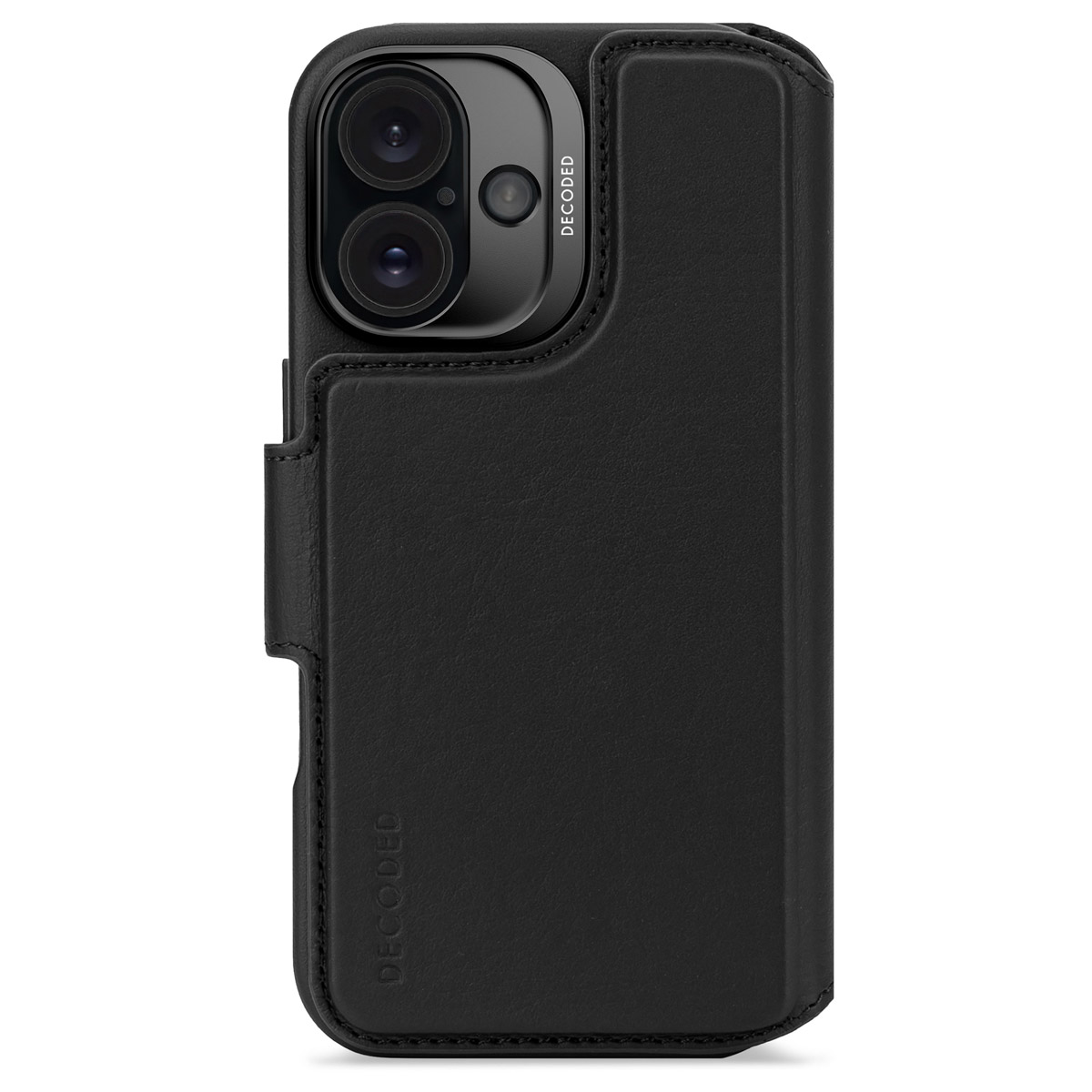 Custodia nera per telefono con ritaglio per la fotocamera e rivestimento in pelle.