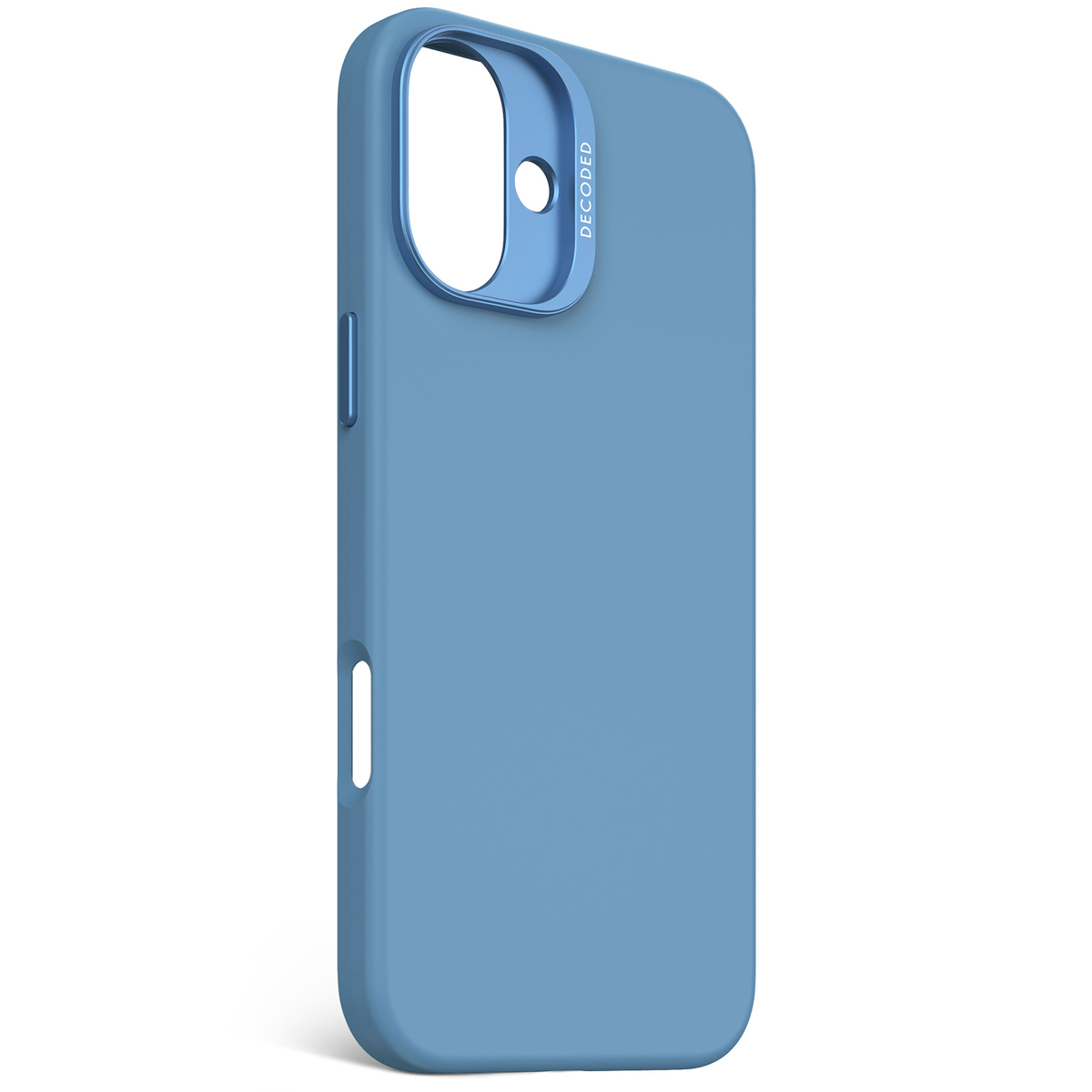 Coque iPhone bleue avec un anneau de caméra bleu. La coque est pour un iPhone.