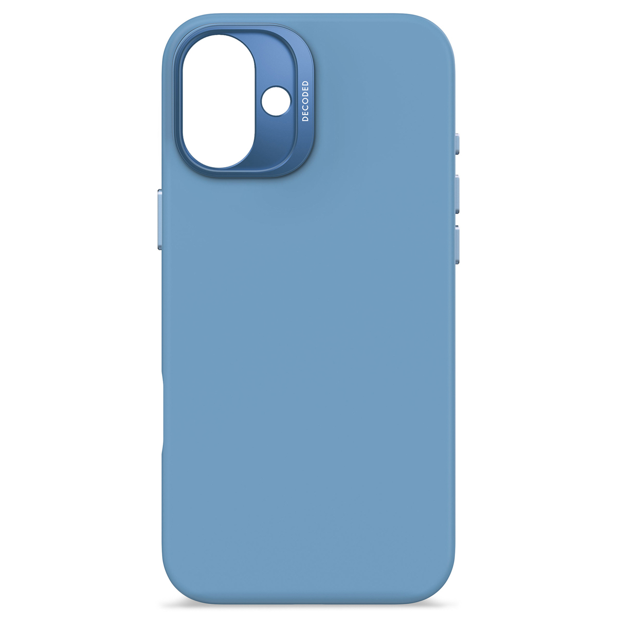 Coque de téléphone bleue. L'anneau de l'appareil photo est bleu, la marque est visible sur la coque.