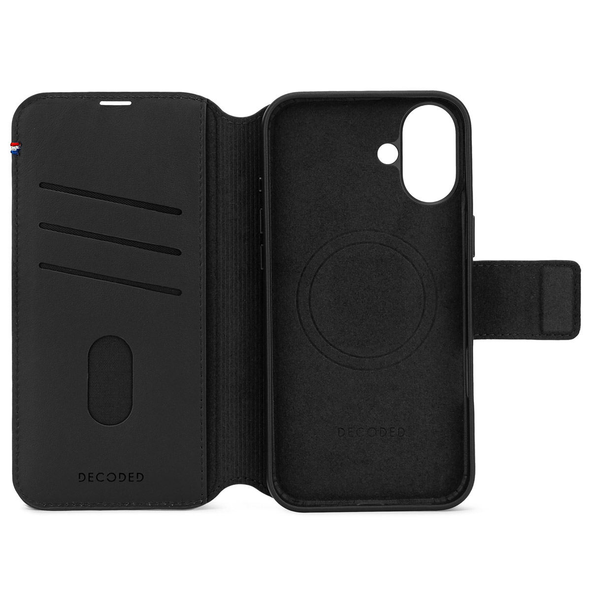 Una custodia per telefono nera aperta. Il telefono è dentro e la custodia ha un cerchio magnetico.